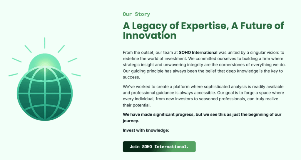 About Us -Soho International | Online Trading Secrets Screenshot von der „Über uns“-Seite von SOHO International, der den Abschnitt mit dem Titel „A Legacy of Expertise, A Future of Innovation“ zeigt, in dem die Mission und Werte des Unternehmens erläutert werden.
