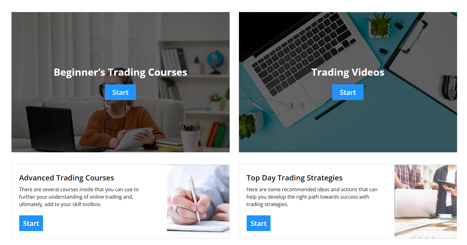 Fortrade Trading Academy page listing courses, webinars, trading videos and a glossary