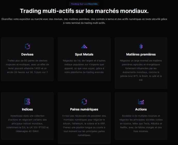 Page du courtier XMarket décrivant les instruments de trading disponibles sur leur plateforme