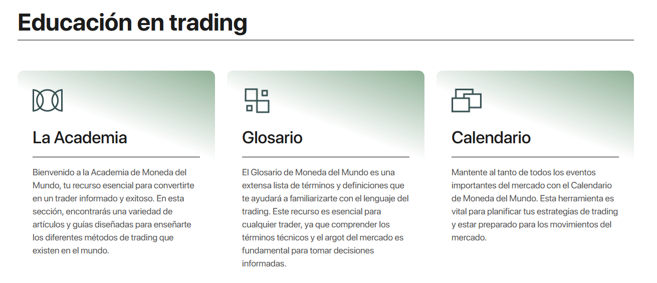 Captura de pantalla – sección de educación con materiales de aprendizaje