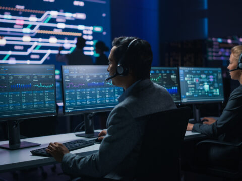 Two IT operators wearing headsets monitor multiple screens with graphs and dashboards in a dark control room on a tech operations floor.