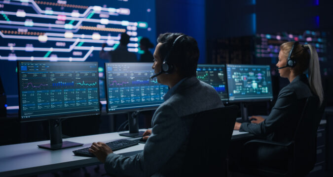 Two IT operators wearing headsets monitor multiple screens with graphs and dashboards in a dark control room on a tech operations floor.